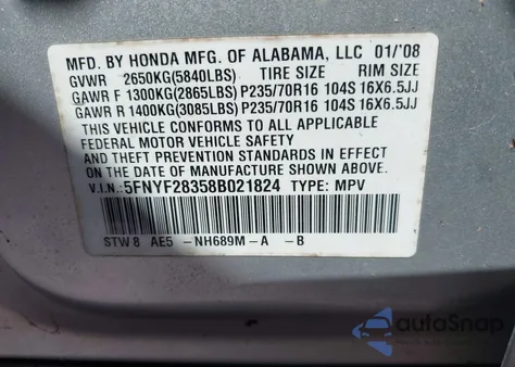 2008 Honda Pilot Se z USA, uszkodzony, nr VIN 5FNYF28358B021824